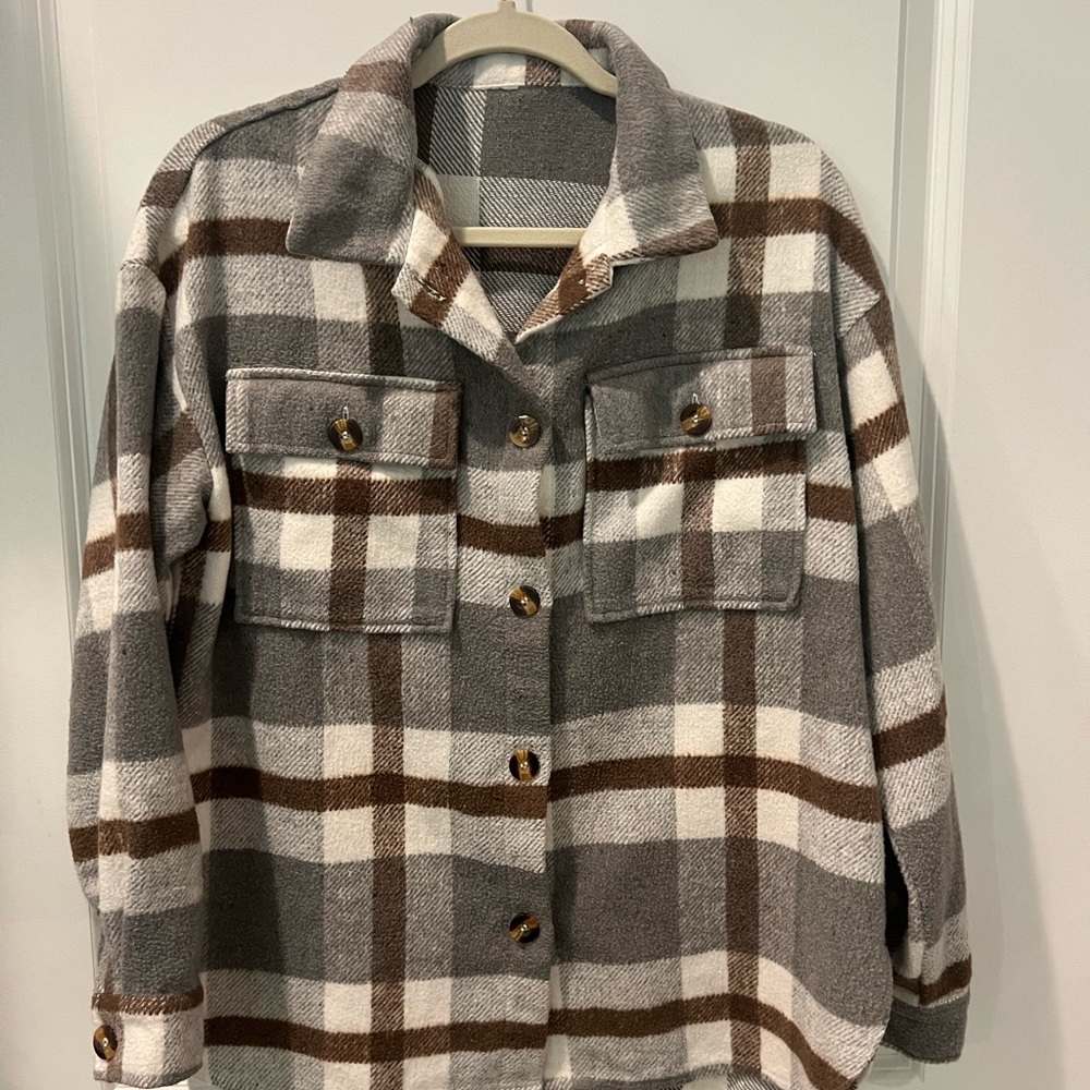 Plaid Button-Up Jacket - Gray and Brown